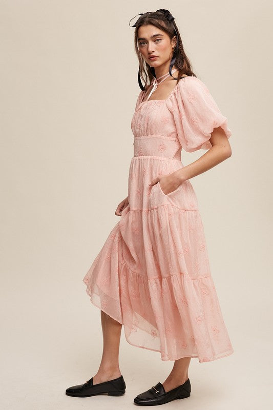 blush, pink, puff sleeve, dress, midi, maxi dress, a line, tiered dress, ruffle, lined, full skirt, gown, square neck, floral, vici, vici collection, red dress, shop red dress, zara, forever 21, zoco, shop zoco, bohme, jessa kae, rachel parcell, rachel parcel, mod boutique, baltic born, ivy city co, shop stevie, altard state, altar'd, wedding, wedding party, party, dress, dance, church, daymaker dress, 3/4 sleeve