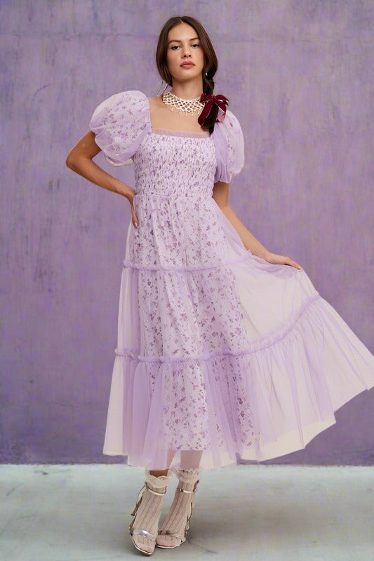 lilac, violet, purple, floral, dress, midi, gown, puff sleeve, ruched, smocked, smoking, tiered, square neck, a line, midi, chiffon, mesh, short sleeve, summer, wedding, party, church, dress, vici, vici collection, red dress, shop red dress, zara, forever 21, zoco, shop zoco, bohme, jessa kae, rachel parcell, rachel parcel, mod boutique, baltic born, ivy city co, shop stevie, altard state, altar'd,